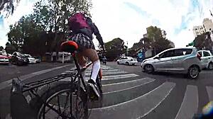 Upskirt Shemale in Miniskirt and Pigtails GAPES for City Exhibition!