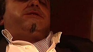 Jasmine Rouge blowjob under desk for mafia boss with cumshot facial swallow