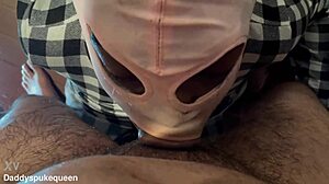 black queen gags on puke facefuck, licks taint, takes cum in eye!