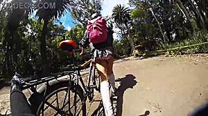 Upskirt Shemale in Miniskirt and Pigtails GAPES for City Exhibition!