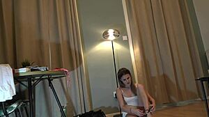 cute college coed strips dress in casting to flash panties and ass