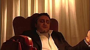 Jasmine Rouge blowjob under desk for mafia boss with cumshot facial swallow