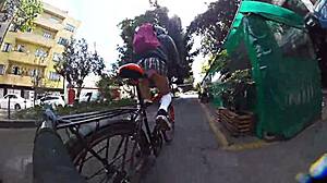 Upskirt Shemale in Miniskirt and Pigtails GAPES for City Exhibition!