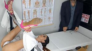 Blindfolded bride's hubby watches doc's huge cock cover her in cum during exam