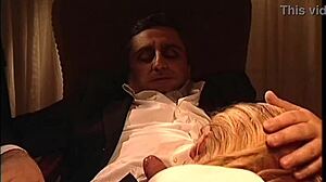 Jasmine Rouge blowjob under desk for mafia boss with cumshot facial swallow