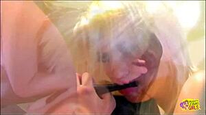 classic lesbian babes in heels kiss suck glass toy closeup 👠👅💋