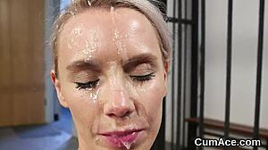 crazy babe slurps up every drop in bukkake blast 😍💦