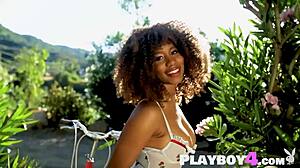 curly black teen jenna foxx strips big tits at outdoor picnic