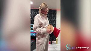 petite blonde milf in lingerie dances with dirty talk in red bdsm room