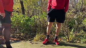 Chubby mother-in-law grips my cock outside while i pee in toilet