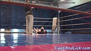 Busty babe pins and fingers wrestling teen's smooth pussy