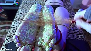 Bound brunette slave soles get tickled in femdom foot domination dream