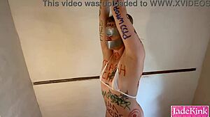 A crazy husband pushes his kinky body writing fetish on bound curvy wife during domination play