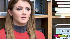 rosalyn's cute face twists as monster cock stretches her tight teen cunt at work