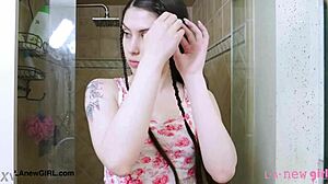 Brunette Long Hair Model Showers In Casting Photoshoot