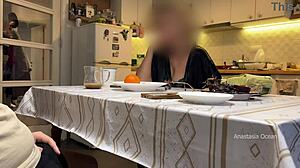 Hubby jerks under table as stepmom watches in kitchen?!