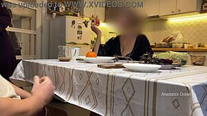 Hubby jerks under table as stepmom watches in kitchen?!