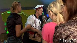 Slutty dancers strip and suck cocks in nightclub before rough group fucking and cumshots