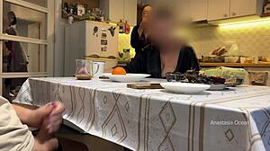 Hubby jerks under table as stepmom watches in kitchen?!