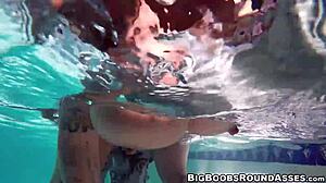 Tattooed hottie with giant tits takes deep pussy drilling in doggystyle by poolside