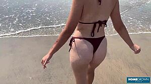 her adorable blonde gf with tiny waist rides bf mark pirson cowgirl moaning on beach