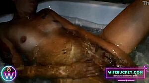 wifebucket homemade wife dildo fucks tight big clit pussy bathtub solo