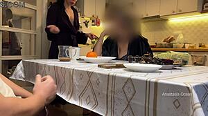 Hubby jerks under table as stepmom watches in kitchen?!