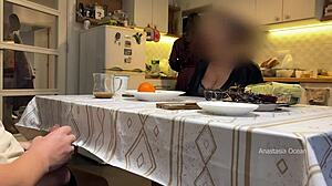 Hubby jerks under table as stepmom watches in kitchen?!