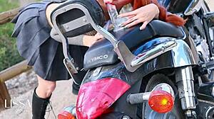 Skinny Latina Rides Dildo Hard on Leather Motorcycle Boots