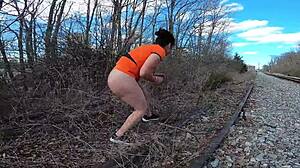 Anal Plugged Mature Escapes Prison in Miniskirt Outdoor Fuck