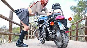 Skinny Latina Rides Dildo Hard on Leather Motorcycle Boots