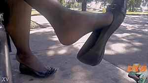 Shoeplay Tease in Stockings and Flats Caught Candid