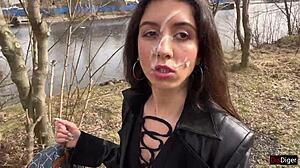 18 year old teen walks park cum-covered face after facial cumshot boots outdoor public shock
