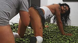 He rams tiny schoolgirl in miniskirt till creampie drips down her thighs