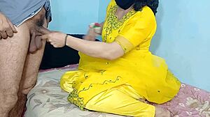 Desi bhabhi in yellow dress rides cock cowgirl style for bareback pussy pounding