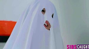 Petite step-sis fucked in halloween threesome