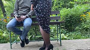 Lustful mother-in-law slips nylons on curvy fat legs flashing wet pussy outdoor