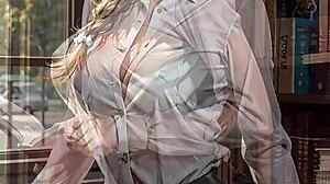 Ai blonde bookworm librarian upskirts flashes wet pussy public outdoor