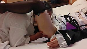 cute maid rem cosplay gets creampied after blowjob and cowgirl