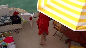 Stepson watches stepmom masturbate on beach before hairy pussy creampie