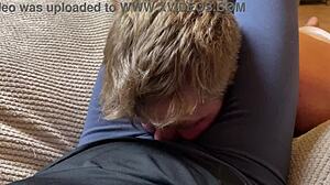 Goddess locks him in brutal blue leggings headscissors, total slave humiliation escape denied.