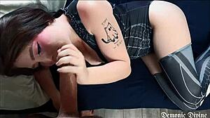 Spidergirl cosplay babe gags deep on huge interracial cock