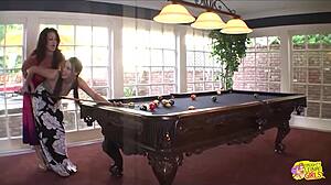 lesbian babes dildo fuck on pool table desk fingering