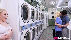 Stepmom and stepdaughter get steamy in the laundromat threesome 😏🔥