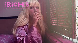 hot blonde smokes cigarette seductively in casual tease.