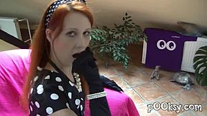 Redhead Fucked in Lingerie Gloves
