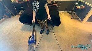 Brunette Housewife Vacuums Bedroom In Tight Natural Tits