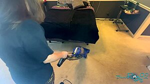 Brunette Housewife Vacuums Bedroom In Tight Natural Tits