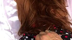 naughty guy pumps thick creampie deep into stepdaughter's wet pussy with red sheer sex toy