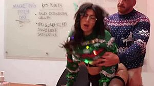 Slutty coworker Cami Strella deepthroats at office Christmas party then rides POV cumshot